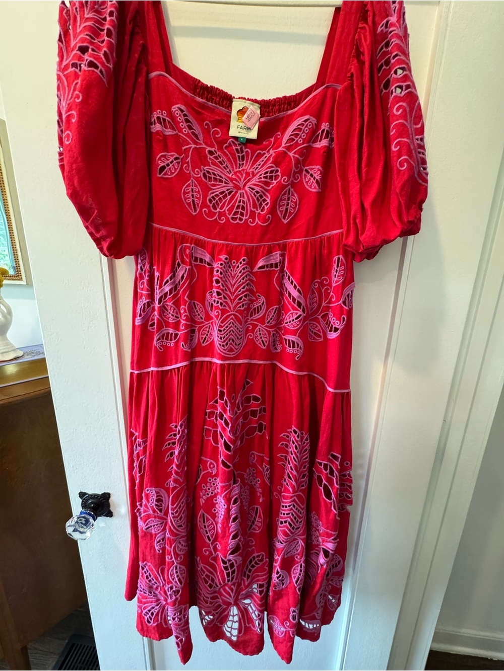 FARM Rio Red Midi Dress with Pink Embroidery